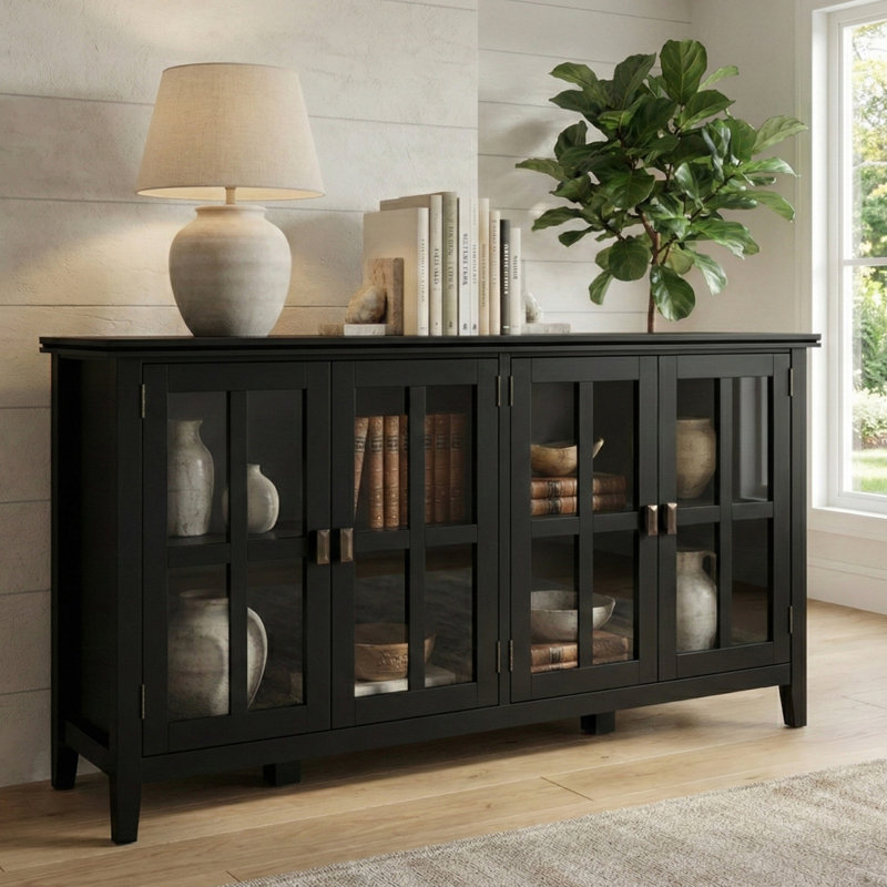 Armoire de rangement transitionnelle en bois massif de 66 po de largeur Artisan avec portes en verre et tablettes réglables