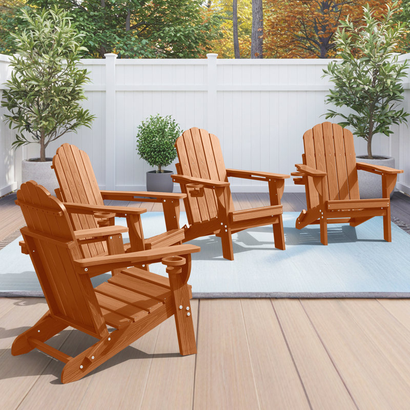 HDPE Adirondack Foldable Chair Wood Texture With Cup Holder(Set Of 4), Teak