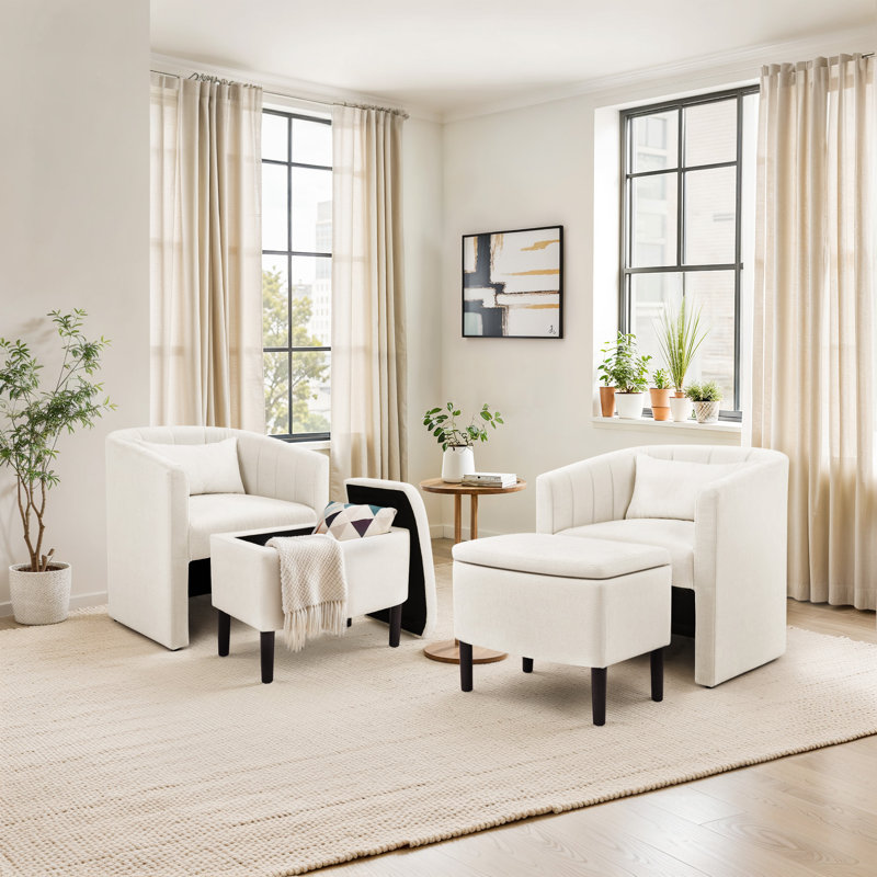Fauteuil demi-tonneau avec pouf avec rangement Lane (ensemble de 2), Chenille beige