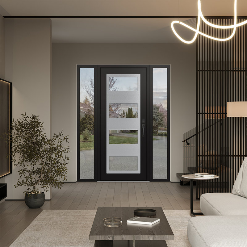 Porte d'entrée avant prémontée à 2 panneaux latéraux en acier argenté noir / noir, L 61,69 po x H 81,69 po, Clair, Gauche