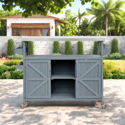 Outdoor Kitchen Island with Rolling Bar Cart and Storage Cabinet