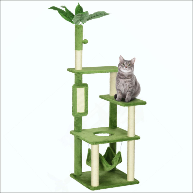 Arbre à chat d'intérieur 56 ". Livré avec, grattoir, plateformes, jeu, basculement. Protège vos objets de valeur. Matériau confortable. Arbre de plaisance à assemblage solide., Revendique des propriétés de conservation. Tissu