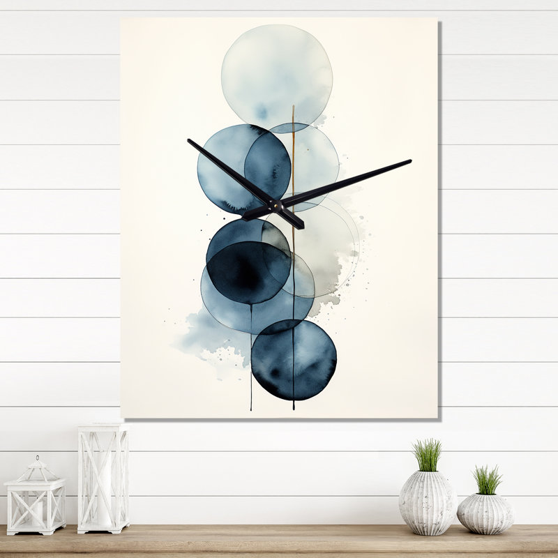 «Essential Circles» rétro bleu aquarelle IV - horloge murale abstraite moderne, H 40 po x l 30 po x P 1 po