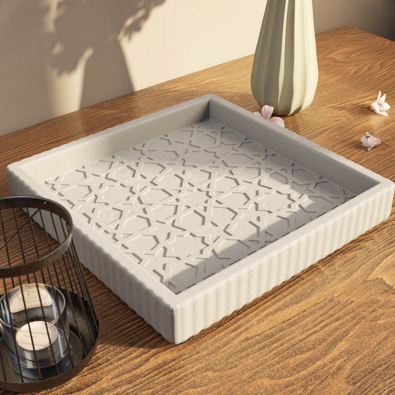Moorish Geometric Cast Stone Relief Tray – Handmade Andalusian Islamic Pattern Square Catchall Dish for Jewellery, Keys, Entryway and Coffee Table Decor