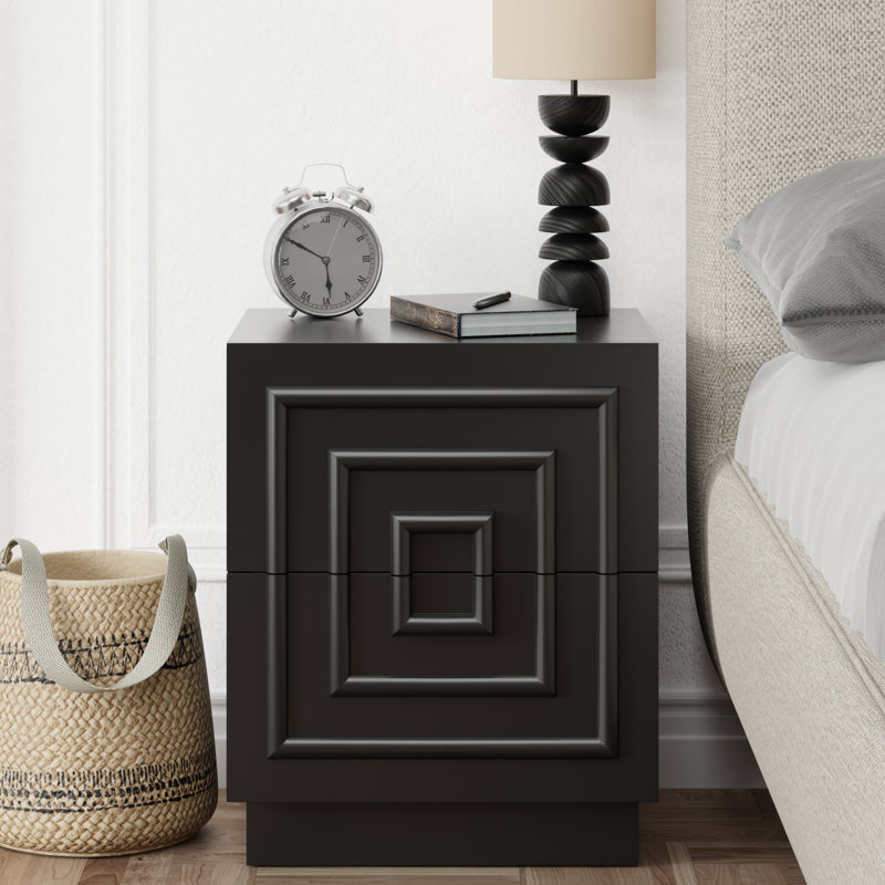 Modern Contemporary 2-Drawer Nightstand With Geometric Square Pattern Black, Black