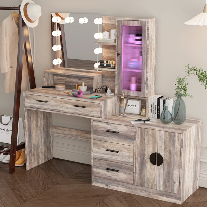 Coiffeuse de maquillage avec lumières, station de charge et miroir, Noir, noir, noir, noir, Gris