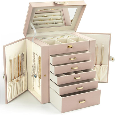 Jewelry Box Organizer With Mirror, 6-Layer Large Storage With 5 Drawers And Hidden Side Cabinets For Rings Earrings Necklaces Bracelets, And Velvet Lining