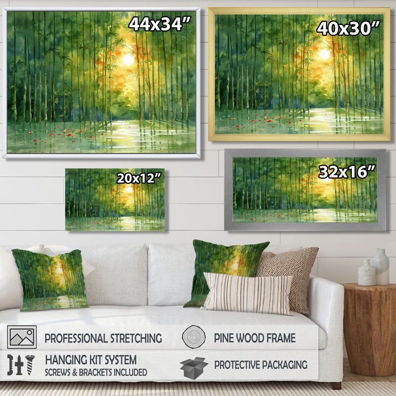 «Bamboo In Amazon Rainforest At Sunset I», impression d'art mural en bambou, Cadre photo noir, H 34 po x l 44 po