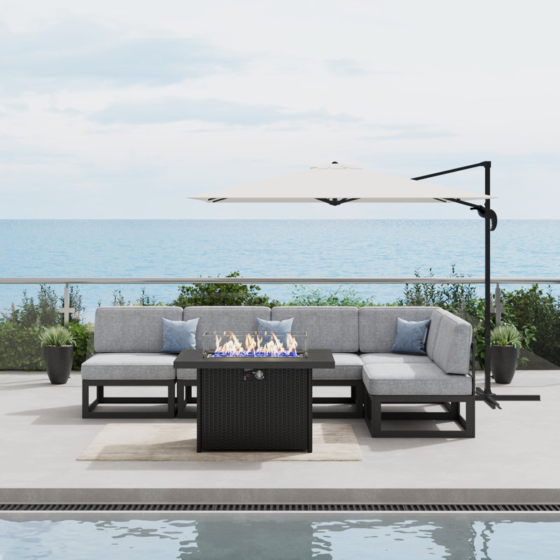  6 Pieces Modern Aluminum Patio Furniture Set With Fire Table, Outdoor Modular Sectional Conversation Set L-shaped Sofa For Backyard