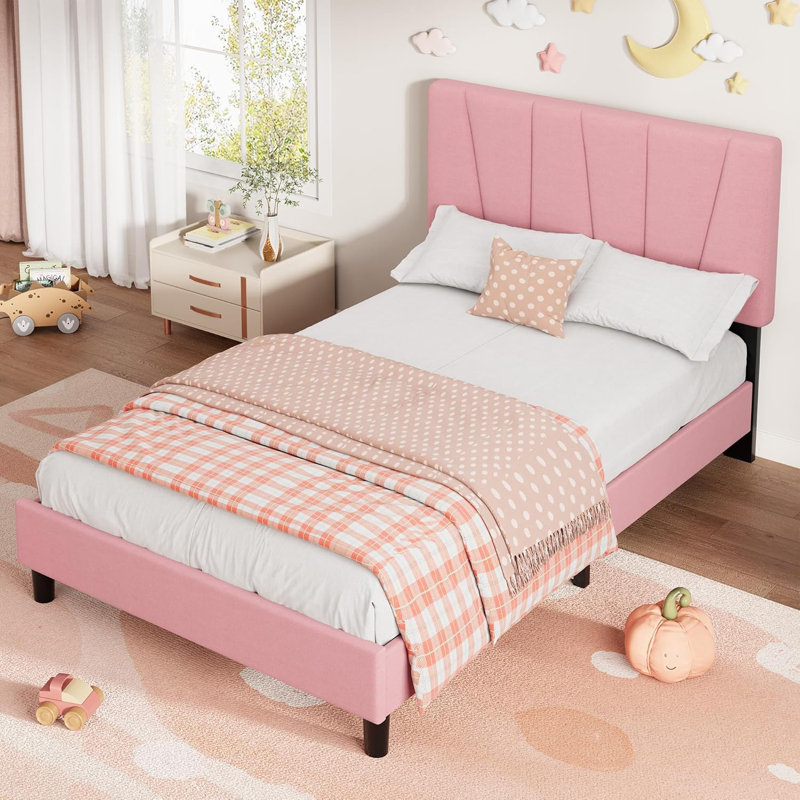 Lit plateforme simple tapissier avec tête de lit en tissu, lattes de bois, assemblage facile, Lit simple, Rose