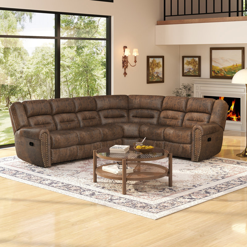 Mamata Classic and Overstuffed Soft Faux Leather Manual Reclining Corner Sectional, Brown Performance Faux Leather
