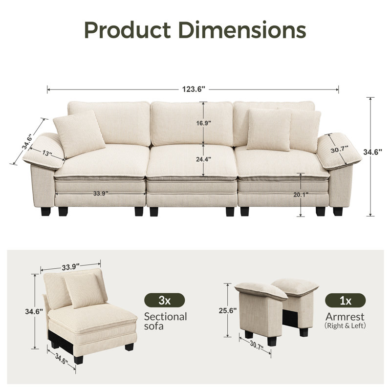 124" Modular Sectional Sofa, Comfy Cloud Couch For Living Room, 3-seater Deep Seat Sofa With Throw Pillow, Ivory Corduroy