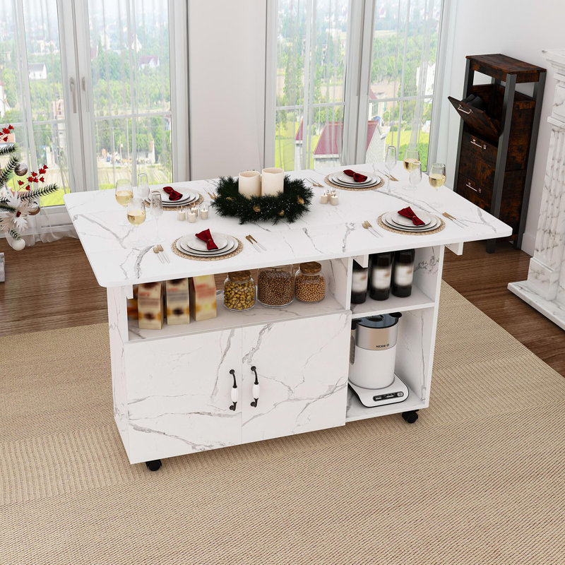 Multi-Functional Folding Table With Storage Shelves And Wheels, 47 Inch Foldable Dining Table For Small Spaces, Compact Desk For Kitchen, Dorm, Office(White)