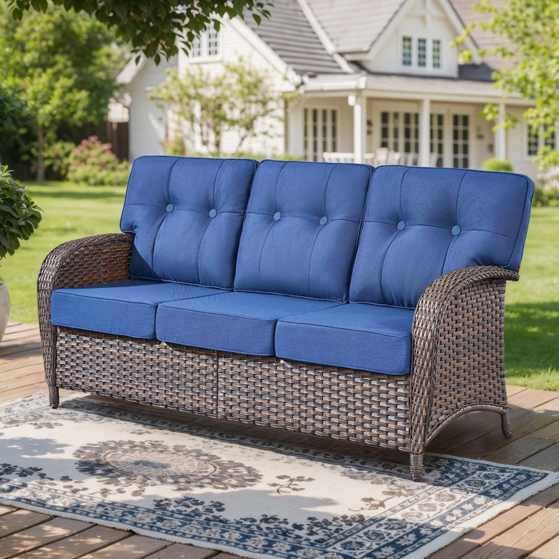 Fiorillo 3-Seat All-Weather PE Wicker Patio Sofa With 5" Thick Cushions, Blue