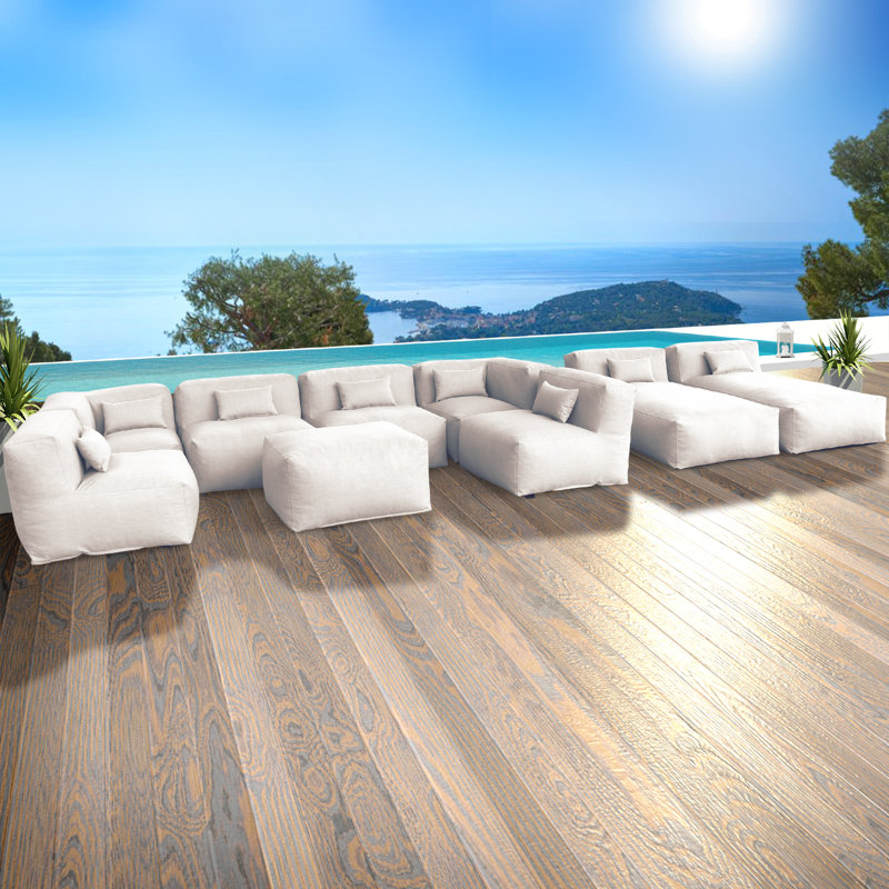 9 Piece Outdoor Sectional Conversation Set Patio Furniture Bean Bag Chair With Chaise Lounge, Light Beige