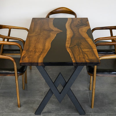 Table de salle à manger Black Epoxy River | Bordure en noyer massif et résine noire | Table de cuisine fabriquée à la main | 60 po x 30 po