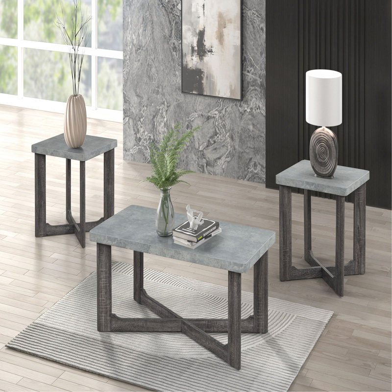 Ensemble de 3 tables basses de forme rectangulaire et 2 tables de bout carrées à pieds croisés de style contemporain gris
