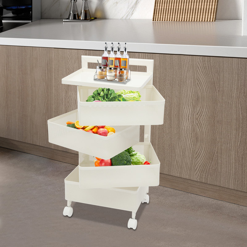 Support de rangement rotatif, chariot de rangement rotatif, organisateur de cuisine sur roulettes (4 niveaux), Blanc