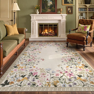 Vintage Floral Washable Area Rug with Non-Slip Backing, Low-Pile Beige Rug for Living Room, Bedroom & Dining Room