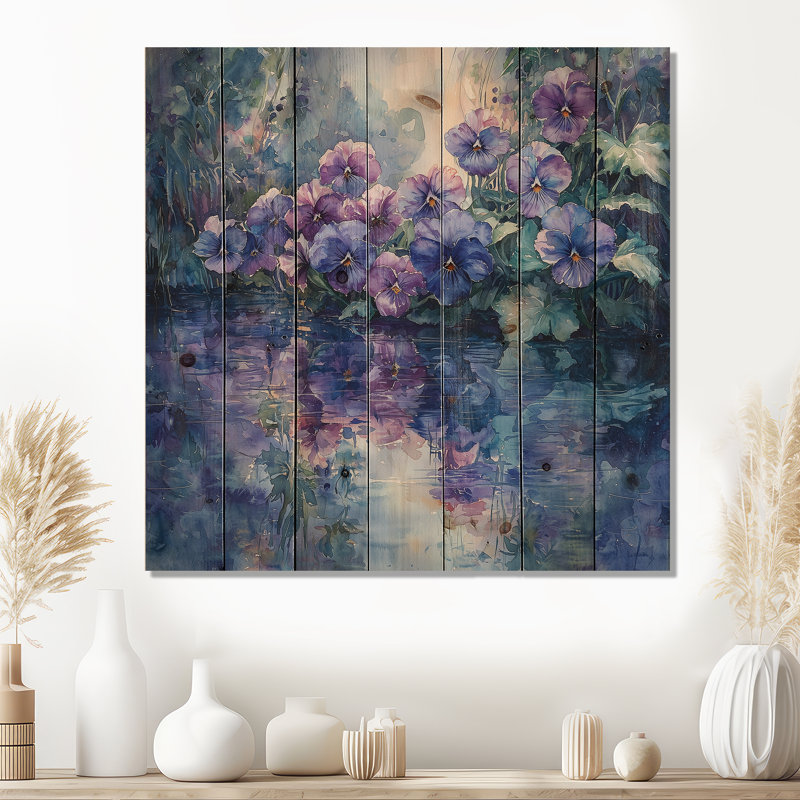 Pensée de fleurs, reflets au bord du lac I - Art mural en bois pensées - sur bois de pin naturel