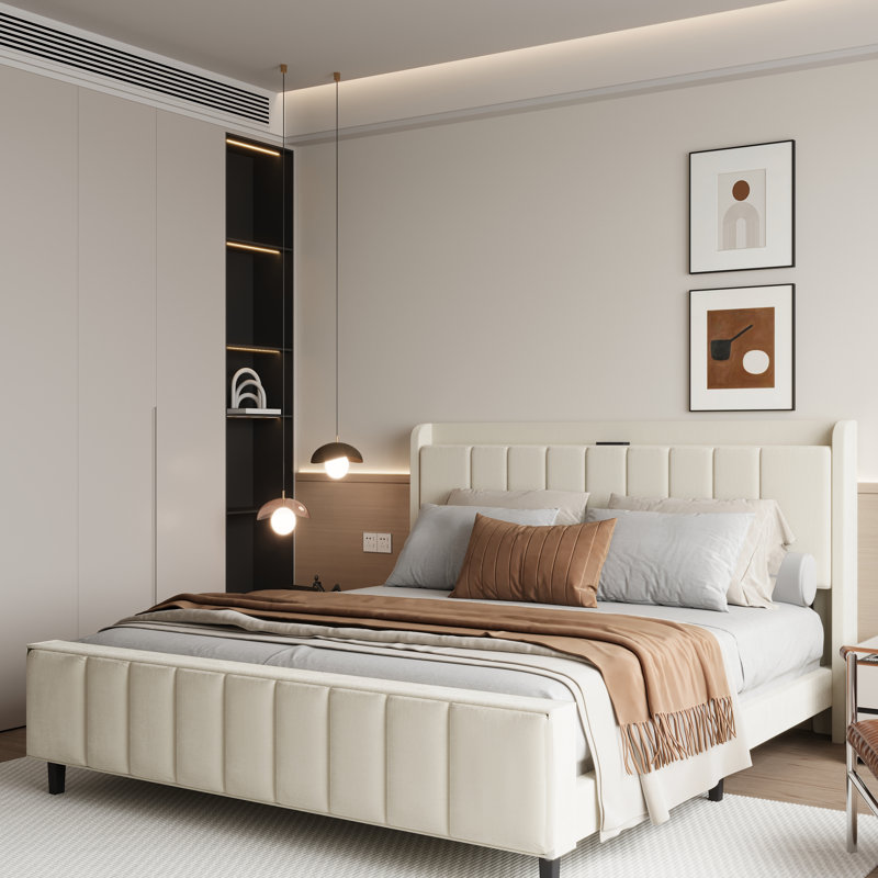 Stubbeman Upholstered  Wingback Bed, Beige, King