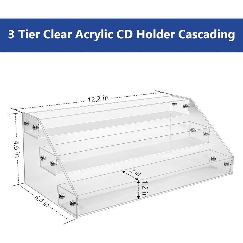 Présentoir à CD à 3 niveaux en acrylique transparent, support de rangement en cascade pour CD, présentoir à DVD/CD et support de rangement pour disques vinyles. Peut contenir jusqu'à 24 boîtiers CD standard (transparents).