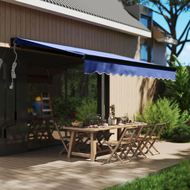 Brayden Studio Polyester Cover Motorised Retractable Sunshade Awning, Blue, 150cm H x 295cm W x 245cm D