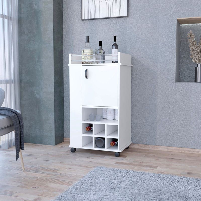 1-Door Bar Cart With Wine Rack And Casters, White