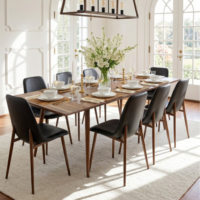 Extendable Rectangular Dining Table Set For 8 With Faux Leather Chairs