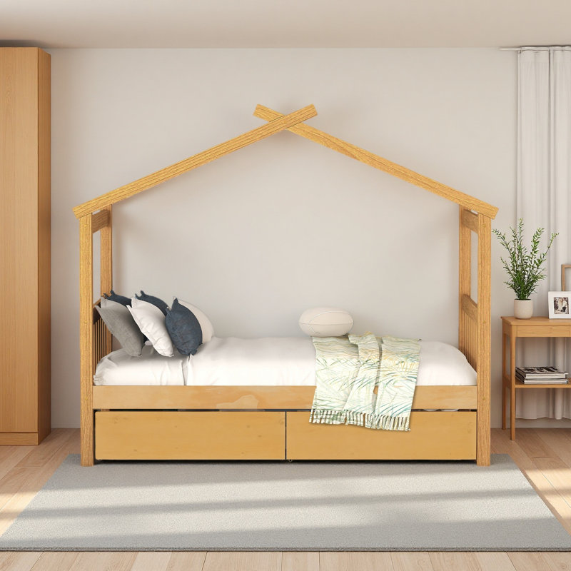 Lit en bois avec tiroirs, Natural, Lit simple