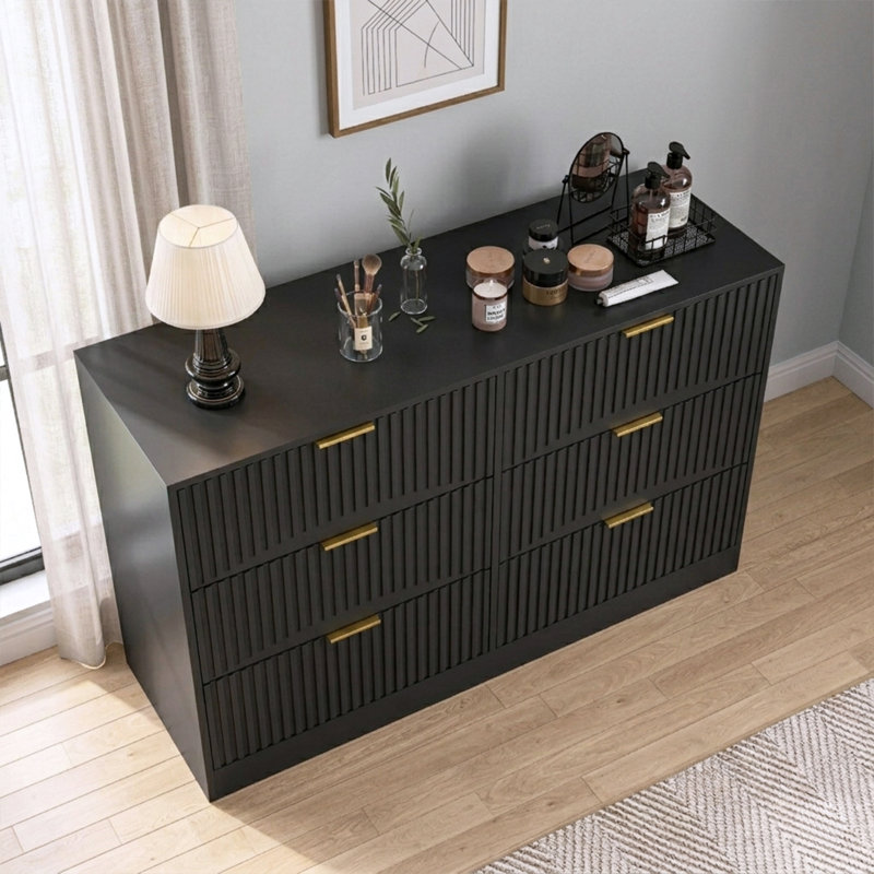 Commode 6 tiroirs cannelée, grande commode noire, Noir
