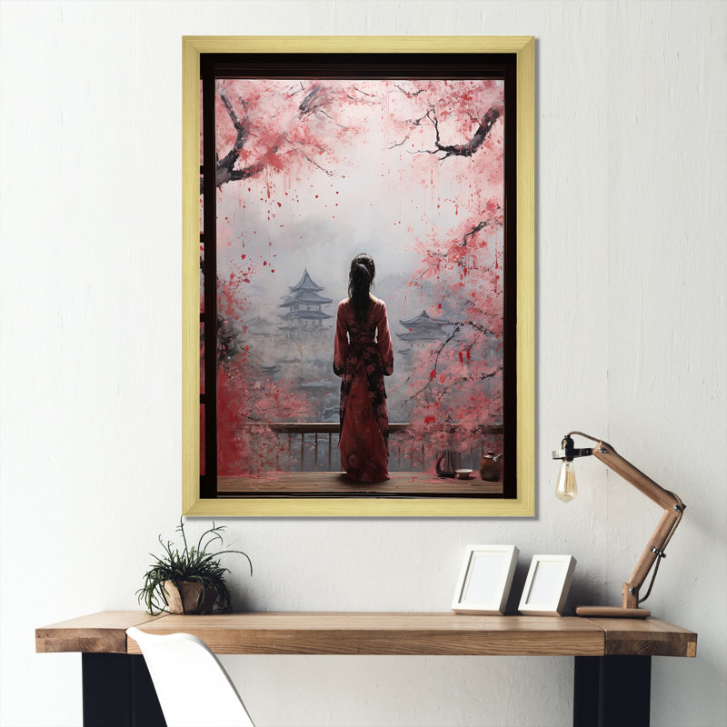 Rose, Japon, vue de fenêtre, femme I - Japon, art mural, Cadre photo doré simple, H 32 po x l 16 po x P 1 po