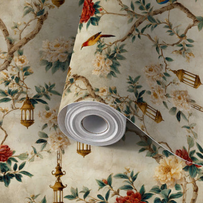 Peel and Stick Wallpaper Contact Paper Ornamental Chinoiserie Repeat Design Antique Cream Silk Self Adhesive and Removable 24in x 118in(60x300cm)