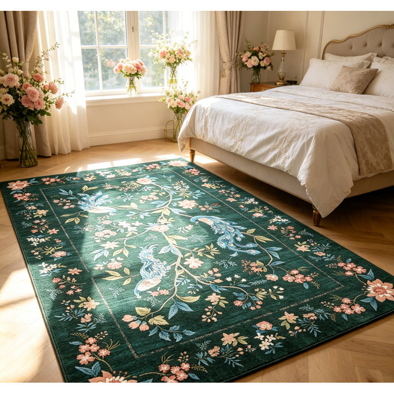 Washable Floral Rug Area Rug for Living Room Non Slip Floral Peacock Washable Rugs for Bedroom Stain Resistant Carpet for Dining Room Playroom