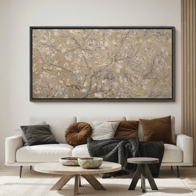 Art mural encadré de branches neutres en fleurs - Design floral d'inspiration asiatique pour la chambre à coucher ou le couloir