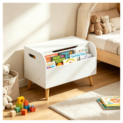 Boîte à jouets en bois, organisateur de rangement de jouets pour enfants avec bibliothèque à l'avant, couvercle rabattable, charnière de sécurité, banc de coffre à jouets pour filles et garçons (blanc)