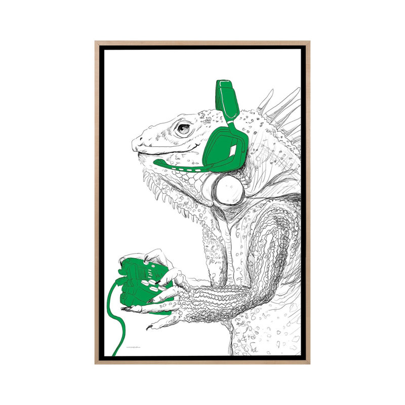 «I-guana Game All Day», reproduction d'art sur toile encadrée, 40 po x 26 po, Toile avec cadre, Beige