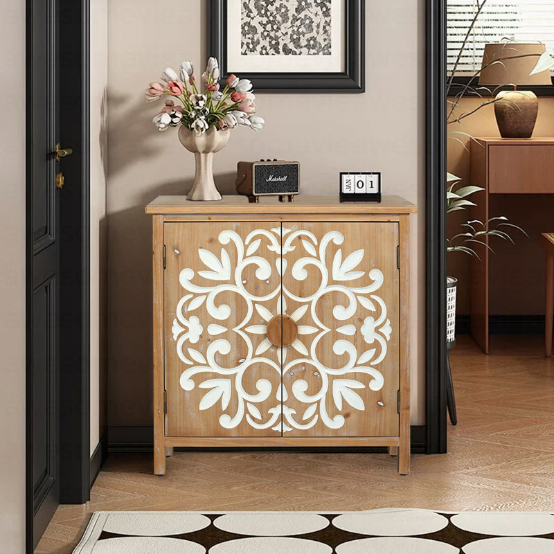 Rustic 2-door Wooden Accent Cabinet With Hand-carved Floral Design For Living Room, Entryway, Or Dining Room