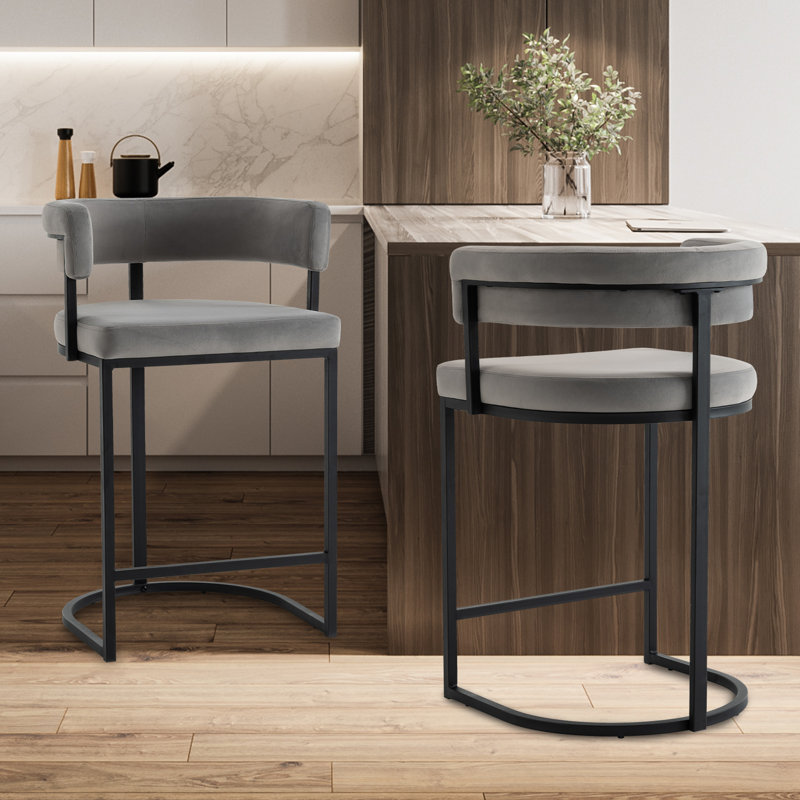 Modern Velvet Bar Stools With Barrel Backrest, Upholstered Seat, And Metal Footrest – 25.6-inch Seat Height, Ideal For Counters, Home Bars, And Kitchen Islands