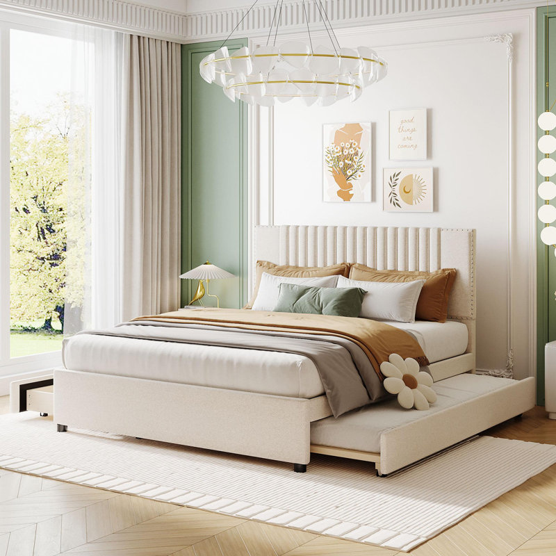 Grand lit plateforme tapissier avec 2 tiroirs et 1 lit gigogne simple TG, tête de lit classique, beige, Beige, Grand lit