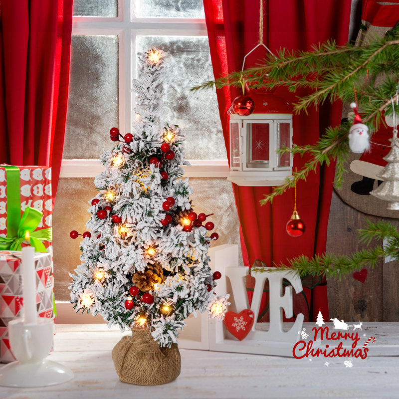 20" Pre-Lit Snow Flocked Artificial Xmas Table Tree With Decorative Burlap Base