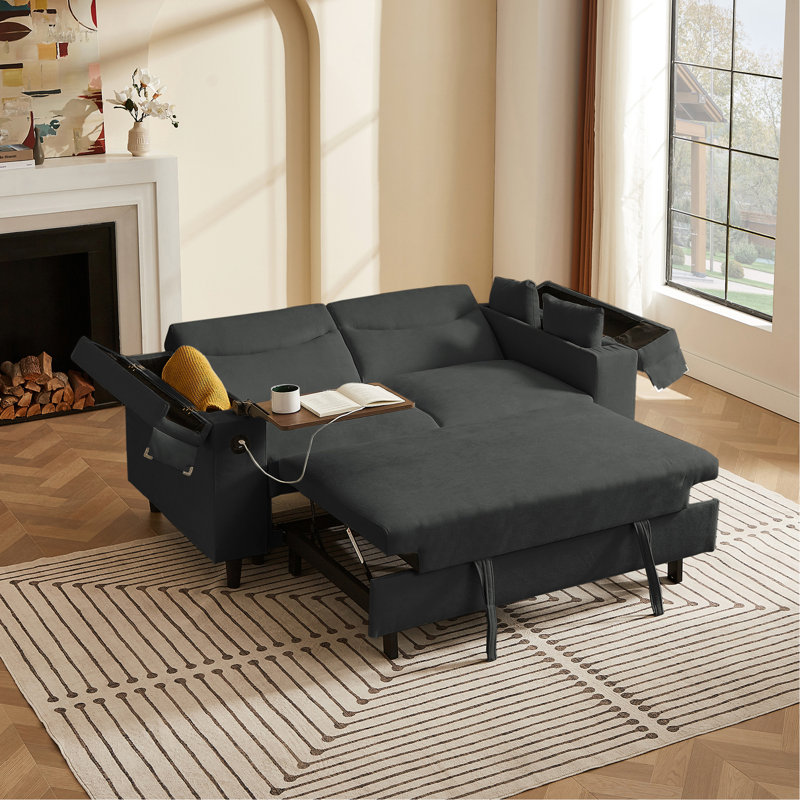Canapé en chenille gris foncé avec table d'appoint et port USB, Gris foncé