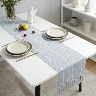 Farmhouse Table Runner With Handmade Tassels And Embroidery, Rustic Linen Table Decor For Dining Room, Dresser, And Party Decorations