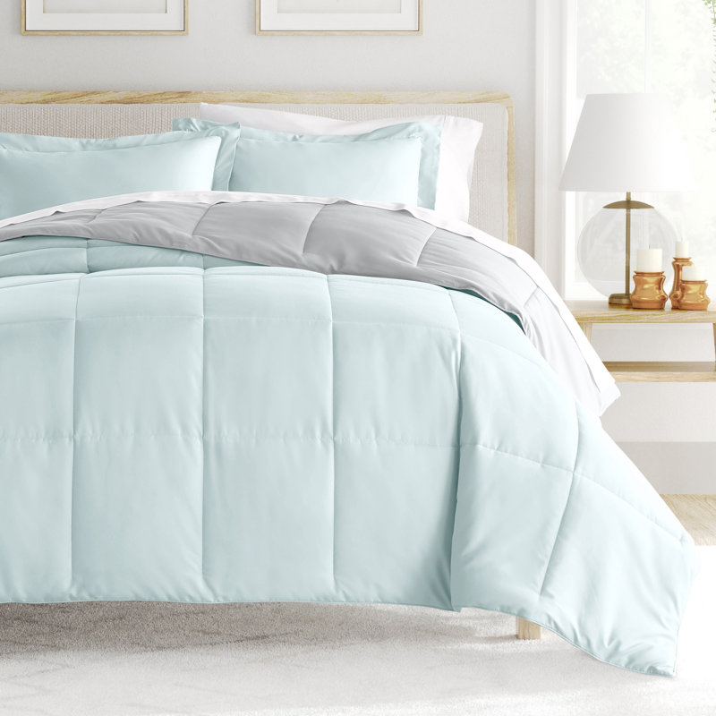 Reversible Down-Alternative Comforter Bedding Set, Aqua, Full/Queen Comforter + 2 Shams