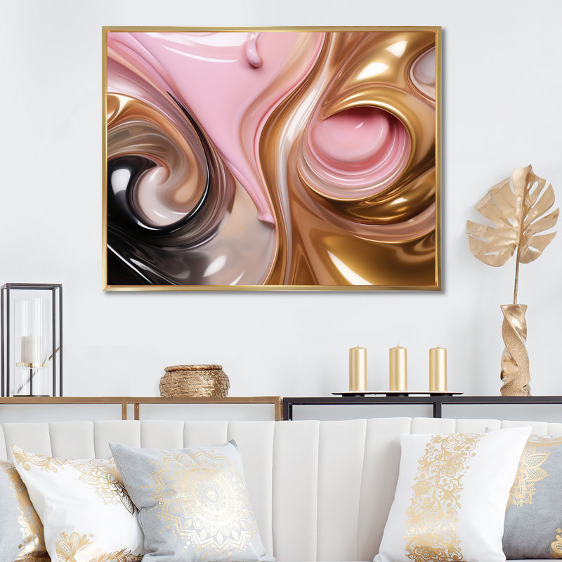 «Whimsical Lquid» rose et or Glam Art I - formes abstraites, impressions d'art mural, H 34 po x l 44 po, Encadrement doré