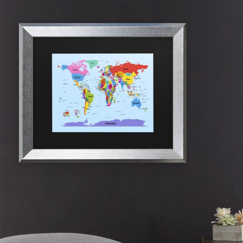 « childrens world map », art encadré, H 16 po x l 20 po x P 0,5 po, Argent