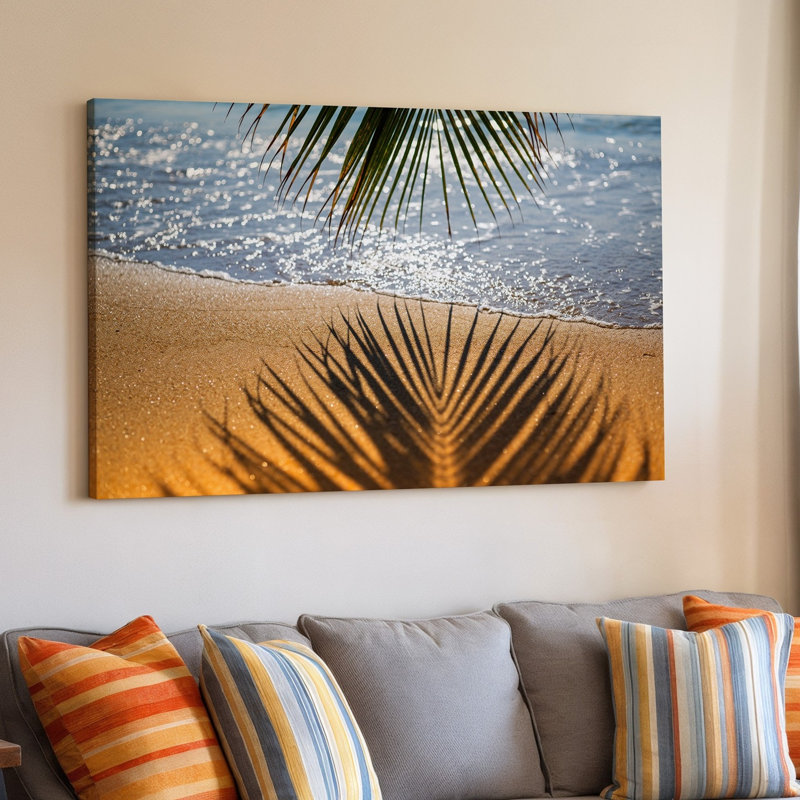 Toile vue de près d'une plage de sable ensoleillée avec art mural L'ombre complexe d'une feuille de palmier sur fond parfait pour l'art mural