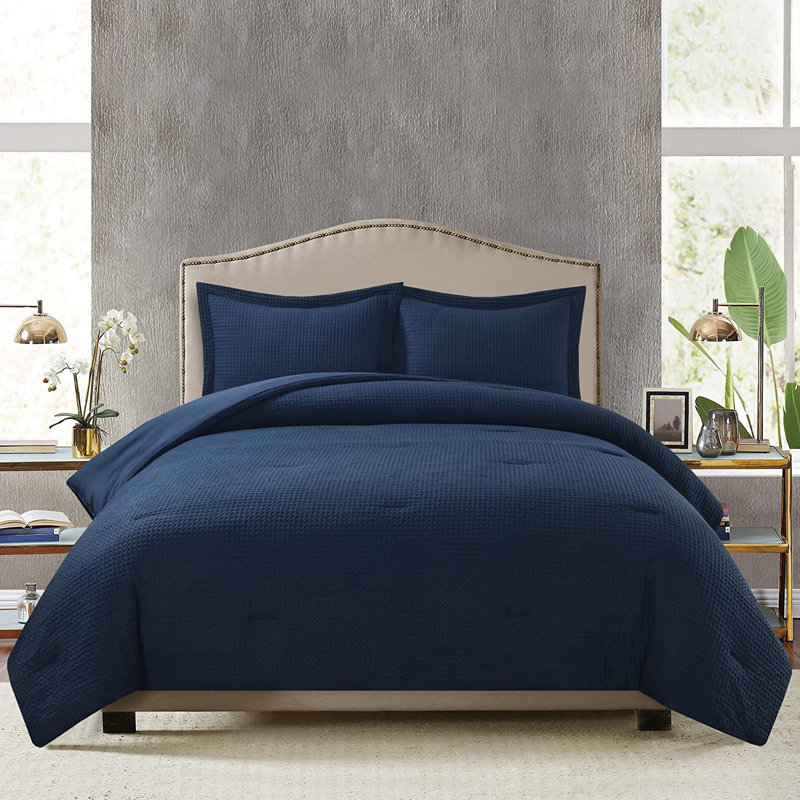Wilmer Waffle Weave Textured Comforter Set, King Comforter + 2 King Shams, Navy