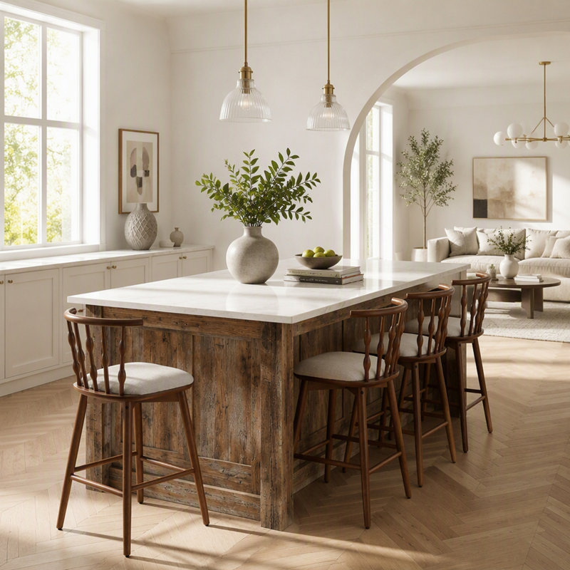 Tabourets de bar d'intérieur Doria en bois, ensemble de 4, alliant design traditionnel et contemporain, Noyer, 4
