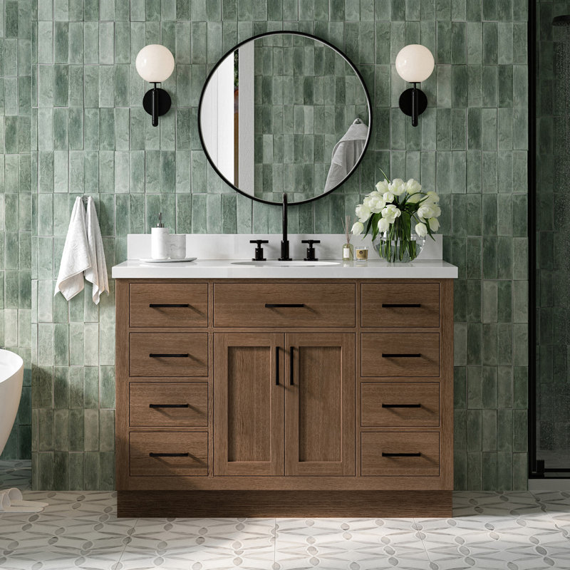 Ensemble de meuble-lavabo simple en bois massif 48 po avec lavabo en quartz blanc 1,5 po Tidworth, Ovale, Chêne brun